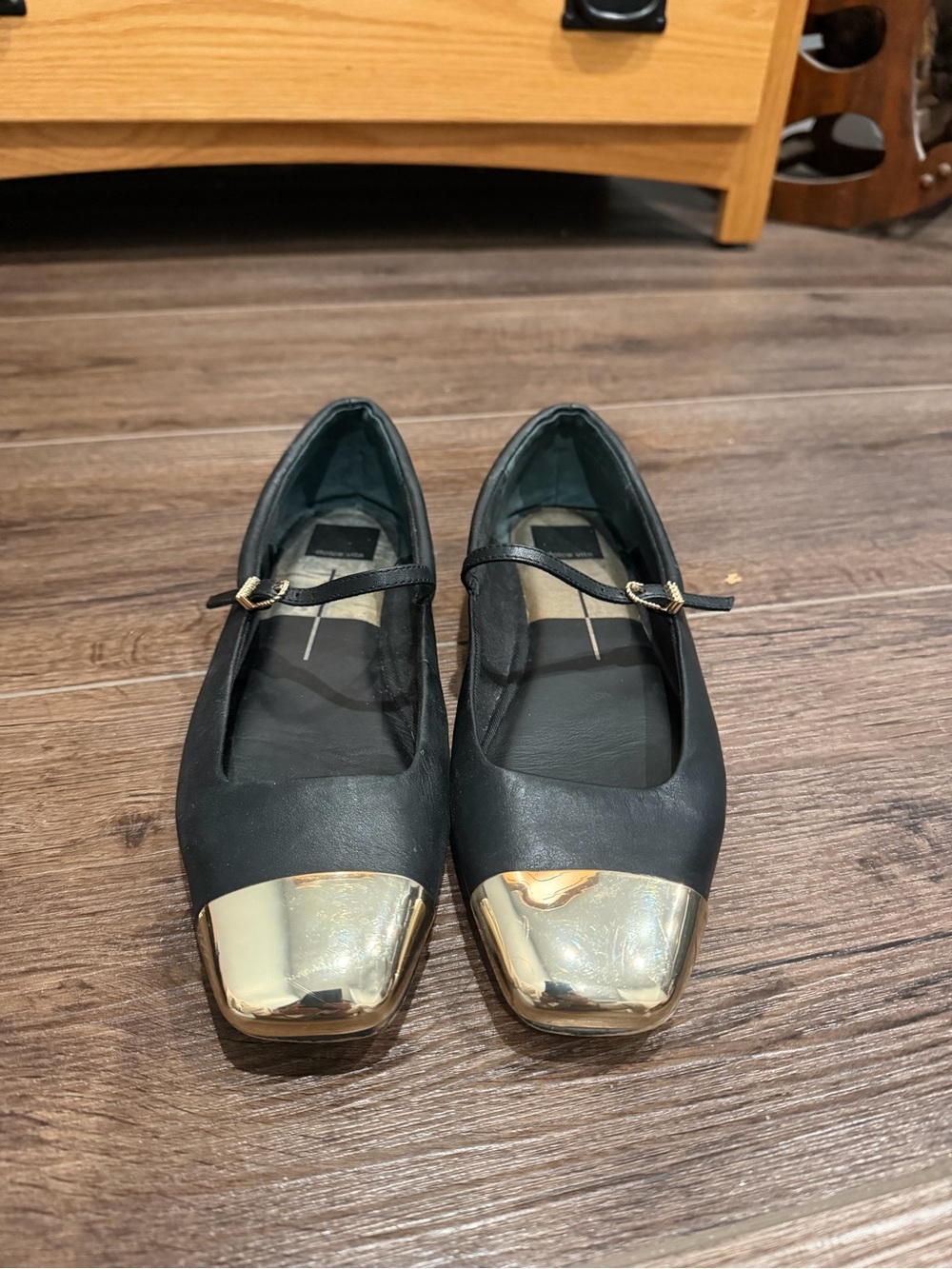 Dolce Vita Black Flats with Gold Toe Caps